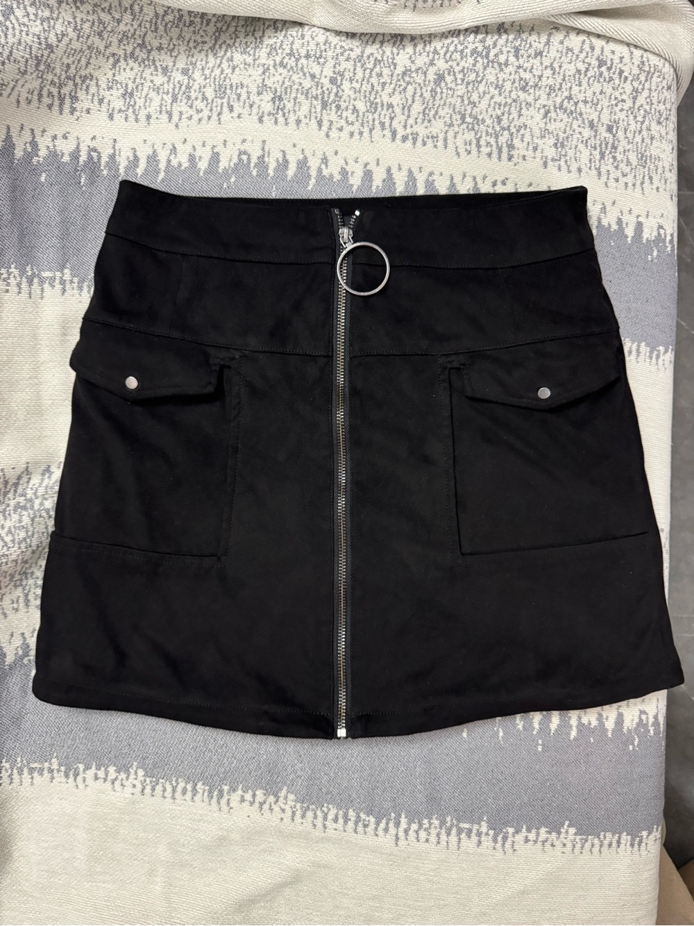 Only Black Suede Mini Skirt with Front Zip and Ring Pull